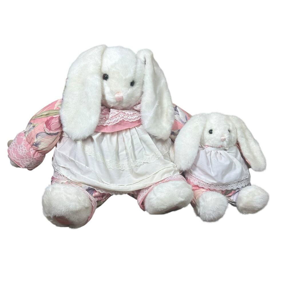 Vtg Plush Creations 1990 White Pink Floral Mom 15" & Baby 9" Stuffed Bunnies